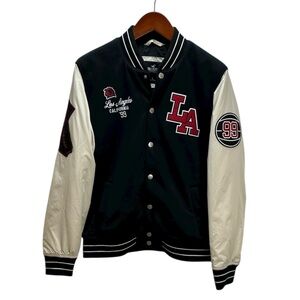 Hollister LA Varsity Bomber Jacket Black Cream Size Large Snap Front Streetwear
